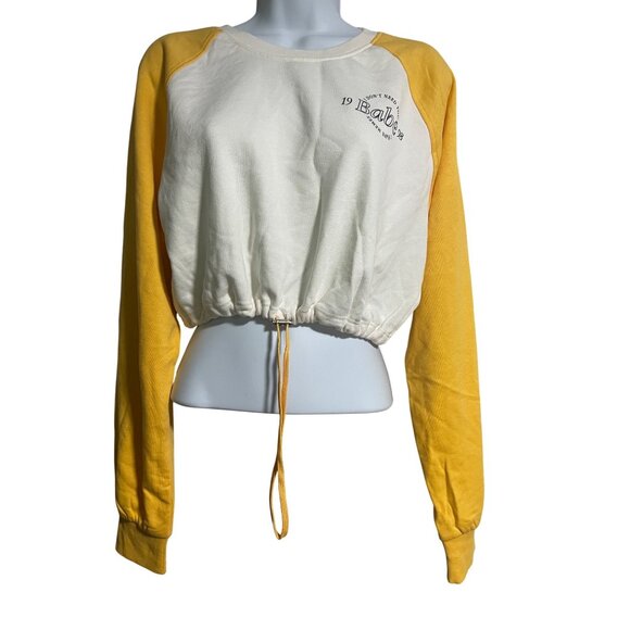 Bershka Yellow White Raglan Long Sleeve Crop Sweatshirt Drawstring Hem Womens - Picture 1 of 6